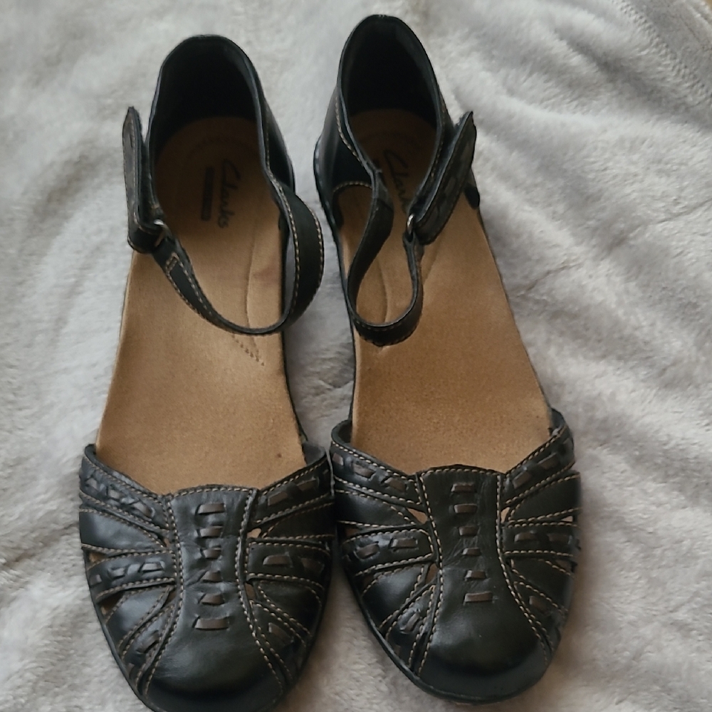 Clarks Black Leather Flats with Ankle Strap
